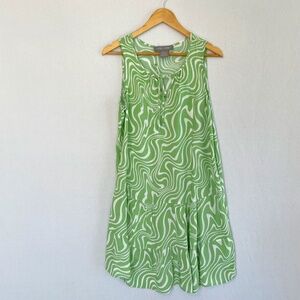 LARK & GRAY Women's Size Large Green & White Retro Wavy Print Sun Dress